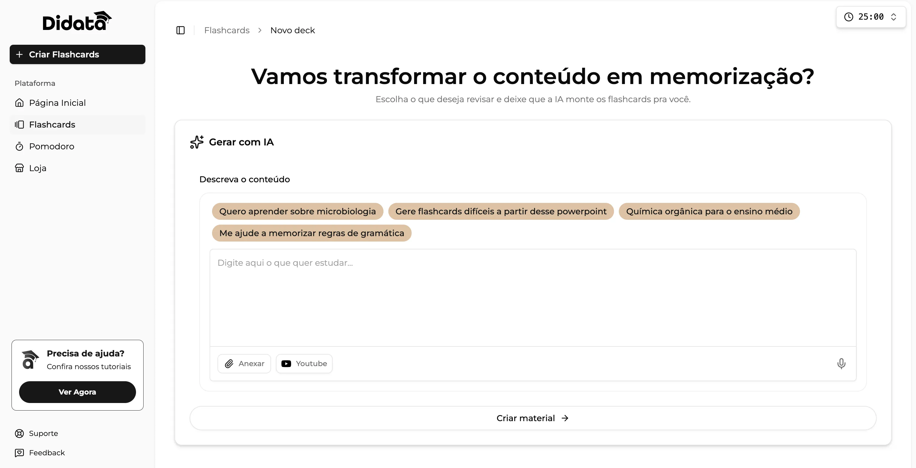 Tela de geração de flashcards com IA na Didata