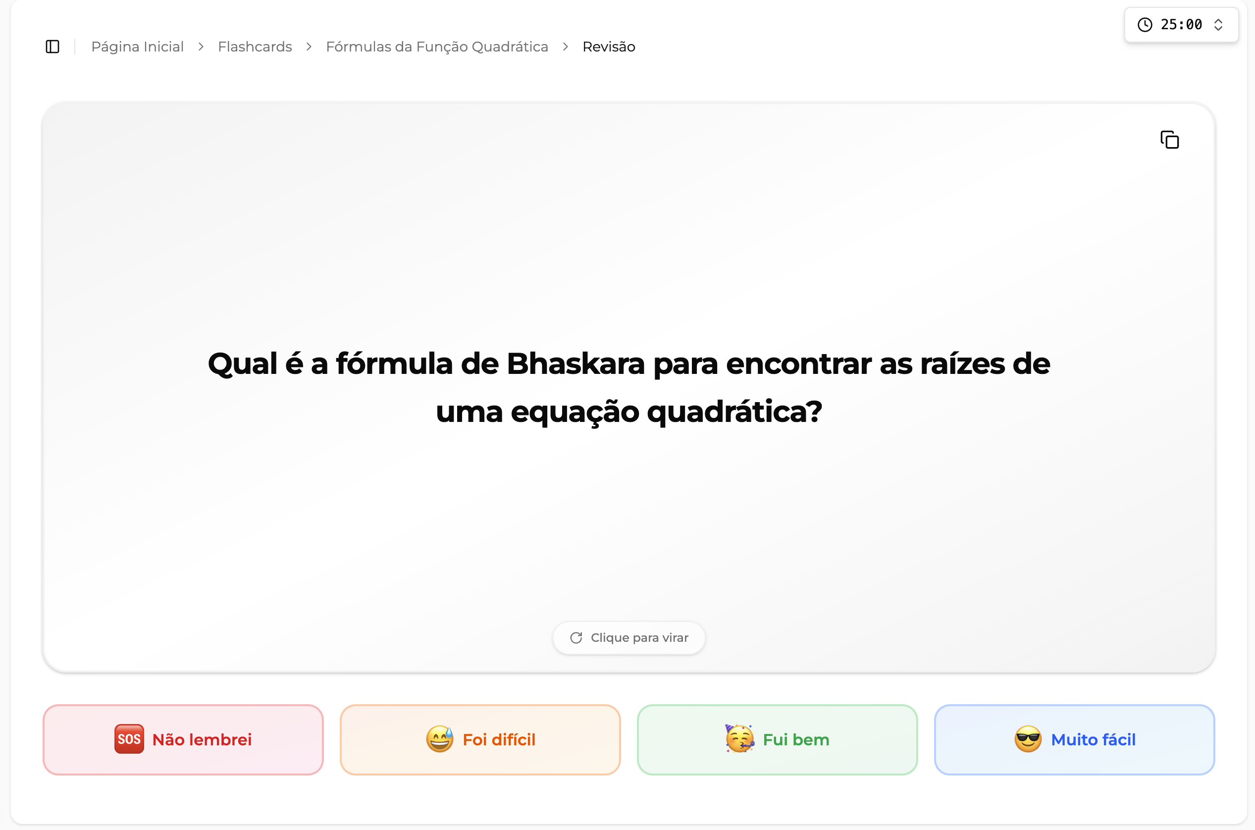 Interface de revisão da Didata mostrando flashcard e opções de dificuldade