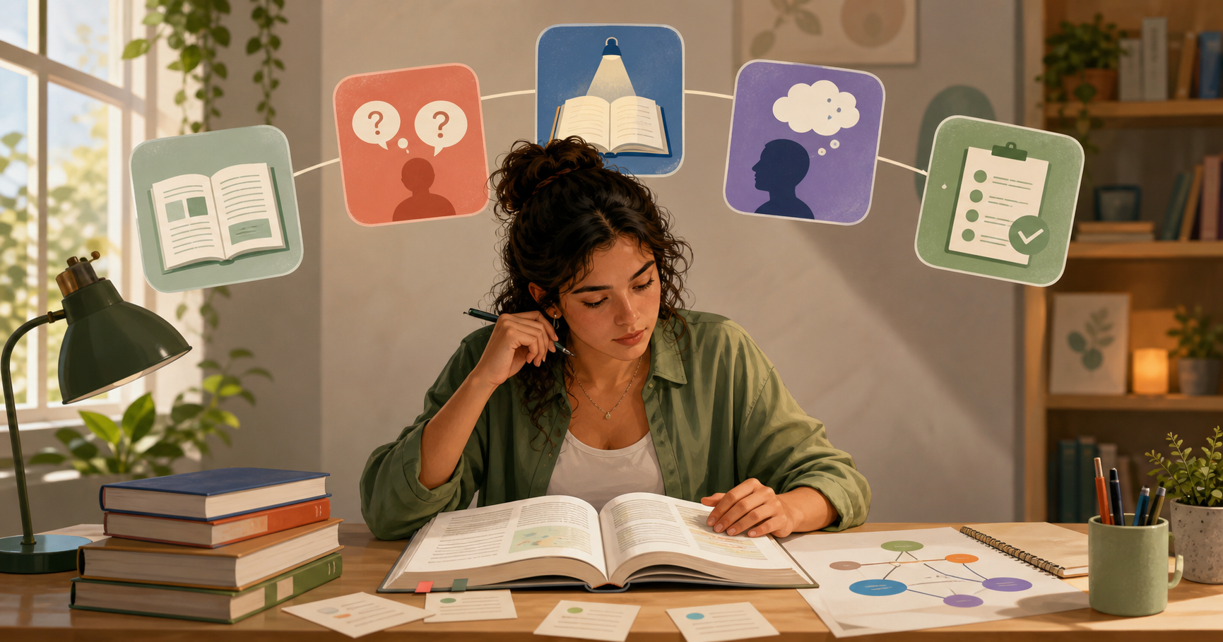 Estudante lendo um livro em uma mesa, cercada por cinco cartões ilustrados que representam as etapas de observar, perguntar, ler, recitar e revisar.