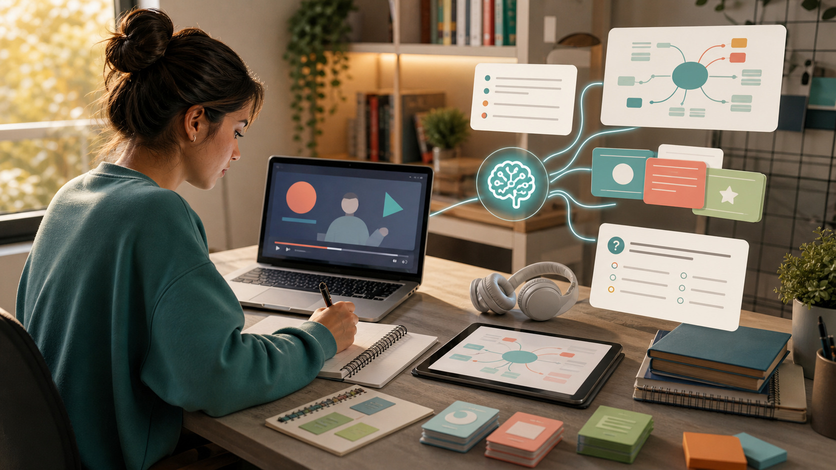 Estudante assistindo uma videoaula no laptop enquanto a IA transforma o conteúdo em notas, flashcards, mapa mental e questões.