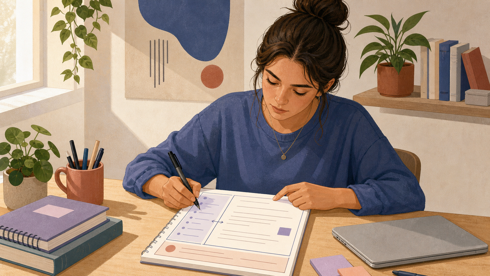 Estudante organizando uma página de anotações com uma coluna de perguntas, uma área principal e um espaço de resumo na parte inferior.