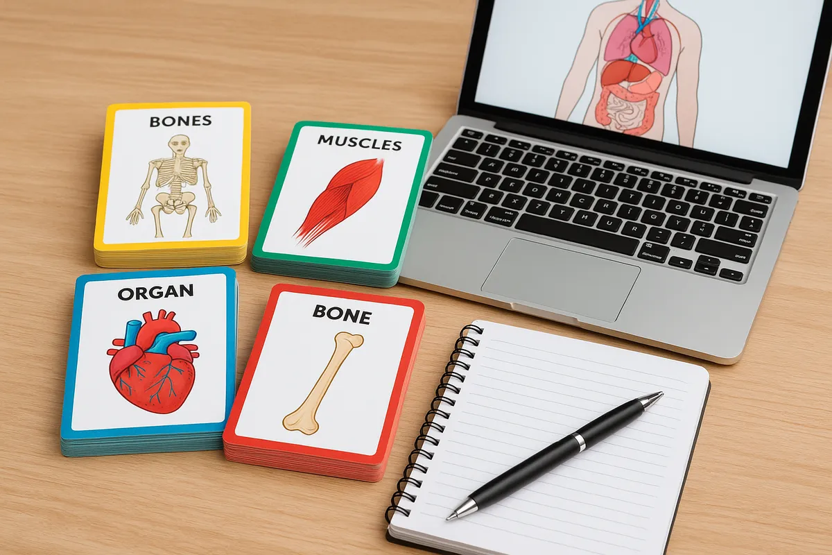 Flashcards de anatomia organizados em uma mesa de estudo