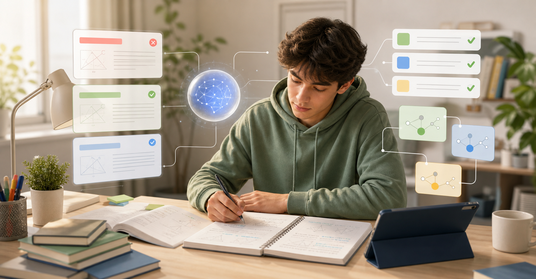 Estudante revisando exercícios corrigidos em uma mesa de estudos com blocos abstratos de IA, checklist e mapas de conceitos ao redor.