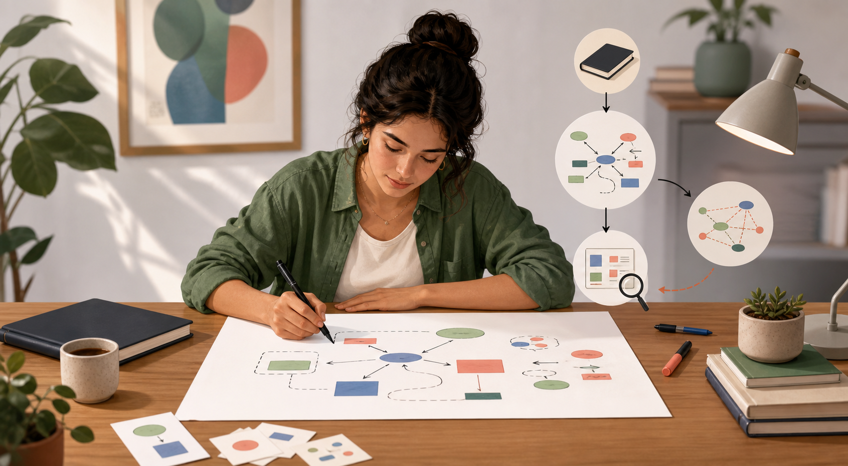 Estudante reconstrói um mapa de conceitos de memória em uma folha e marca conexões para revisar depois.