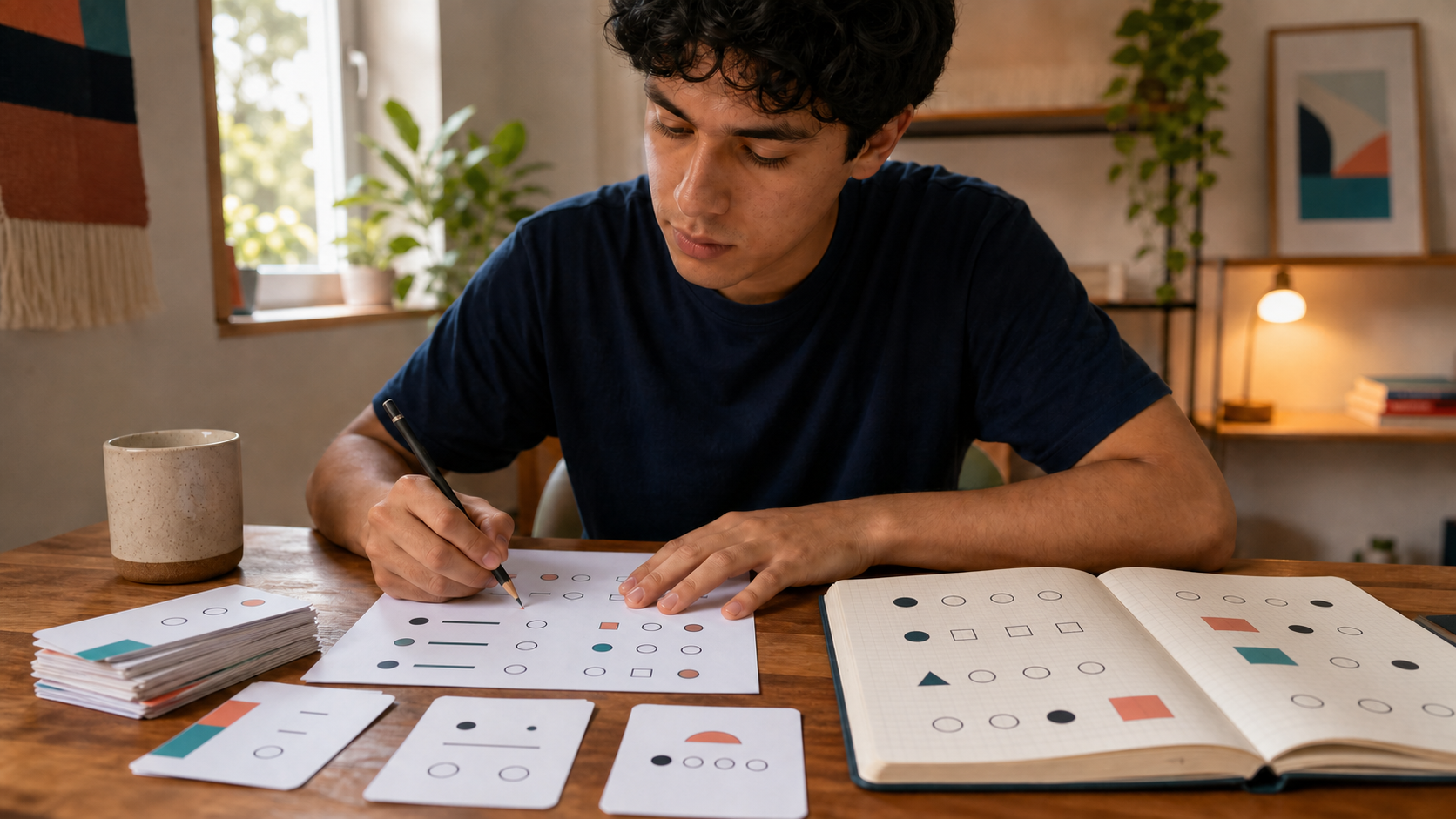 Estudante resolvendo uma folha de questões ao lado de cartões e um caderno com correções representadas por formas geométricas.