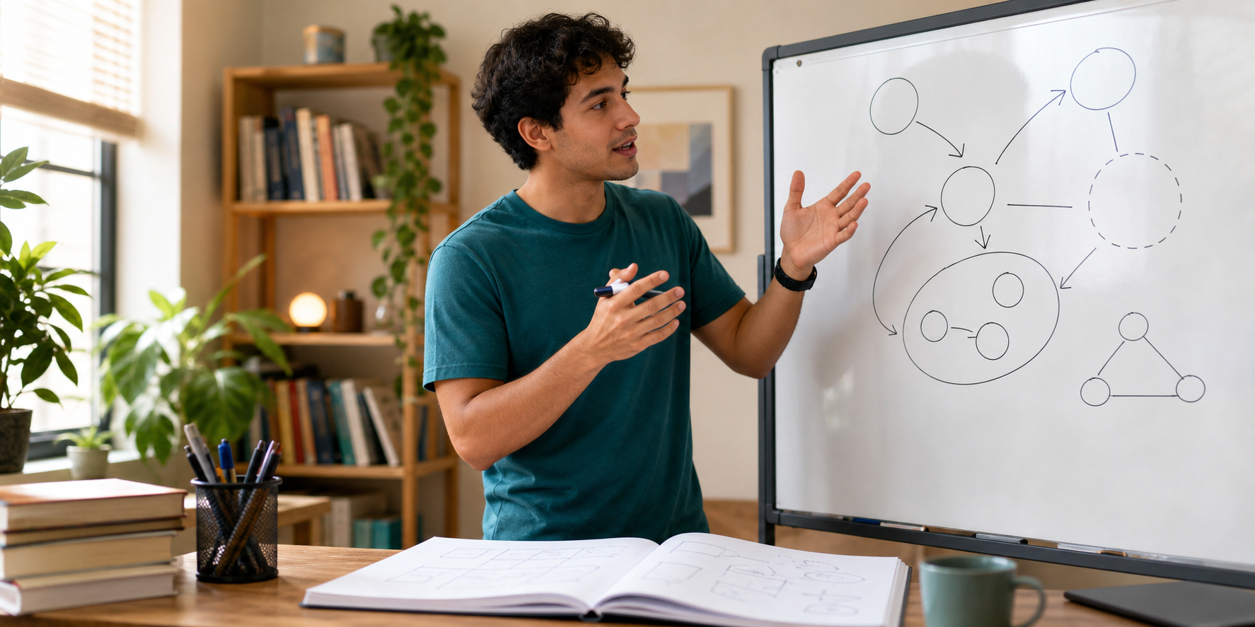Estudante explicando um conceito diante de um quadro branco com círculos e setas, usando gestos para simplificar as relações entre ideias.