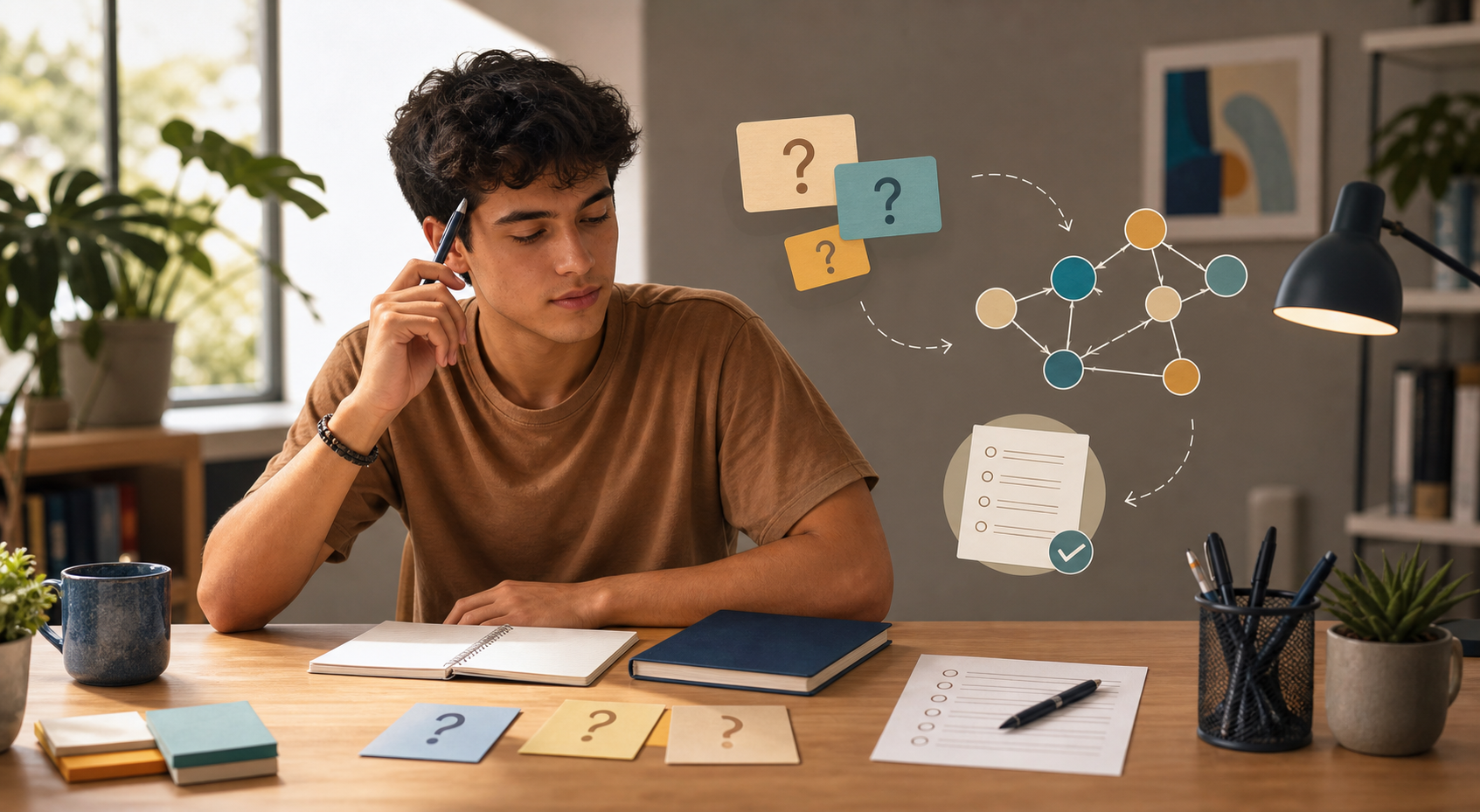 Estudante tentando recuperar um conteúdo da memória diante de um caderno, cartões de perguntas e conexões entre conceitos.
