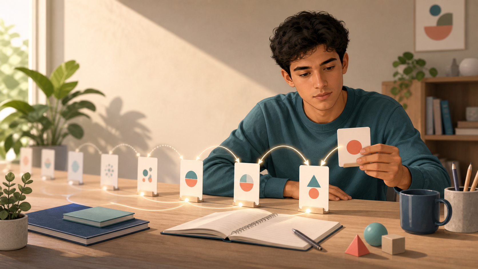 Estudante revisa cartões distribuídos em uma linha do tempo enquanto conexões de memória ganham nitidez.