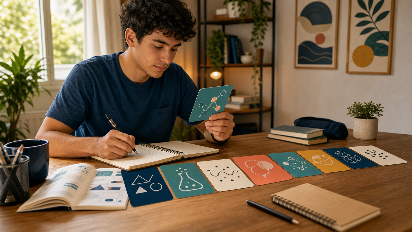 Estudante resolve uma sequência de cartões com diferentes tipos de problema organizados sobre a mesa.