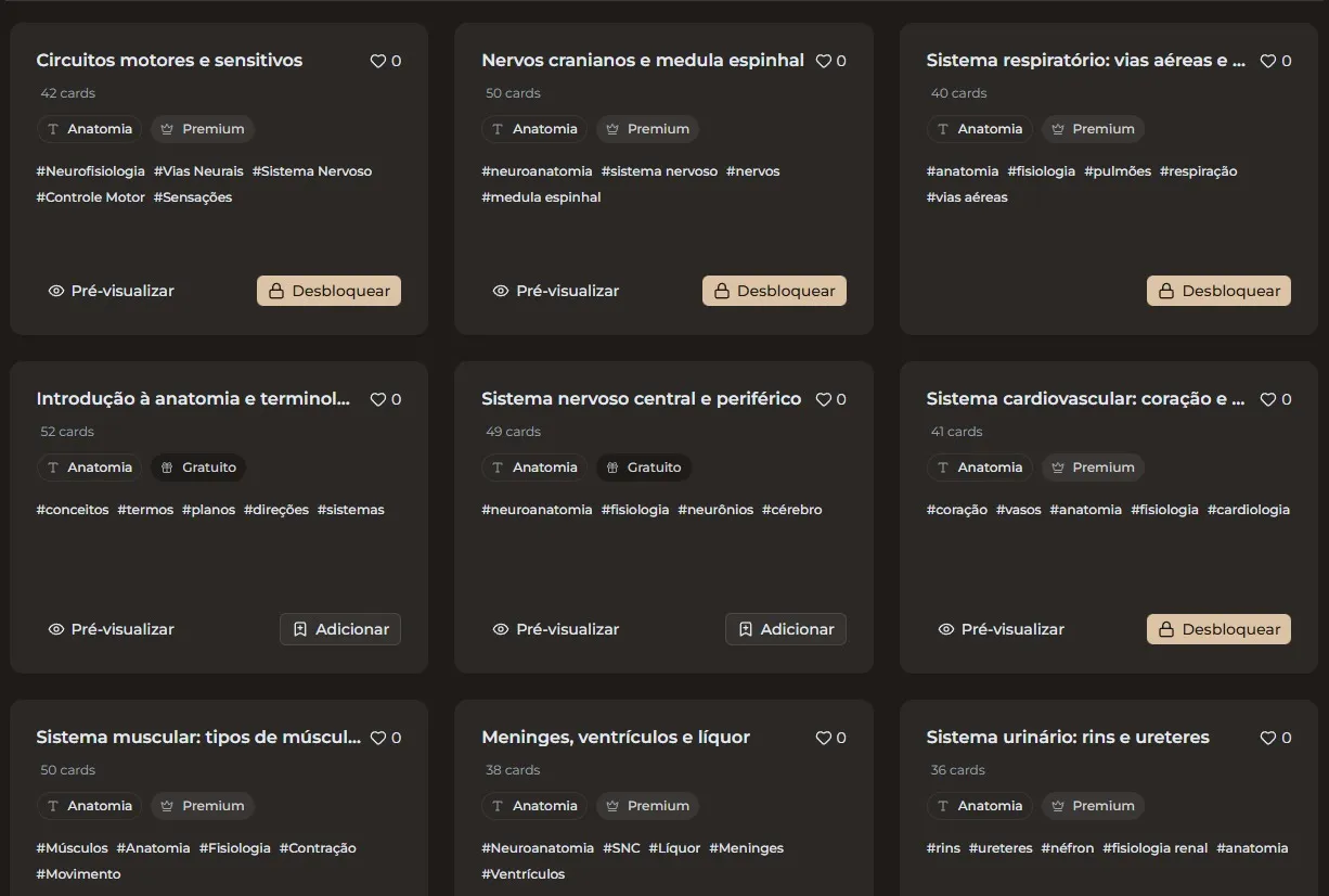 Loja de flashcards de anatomia