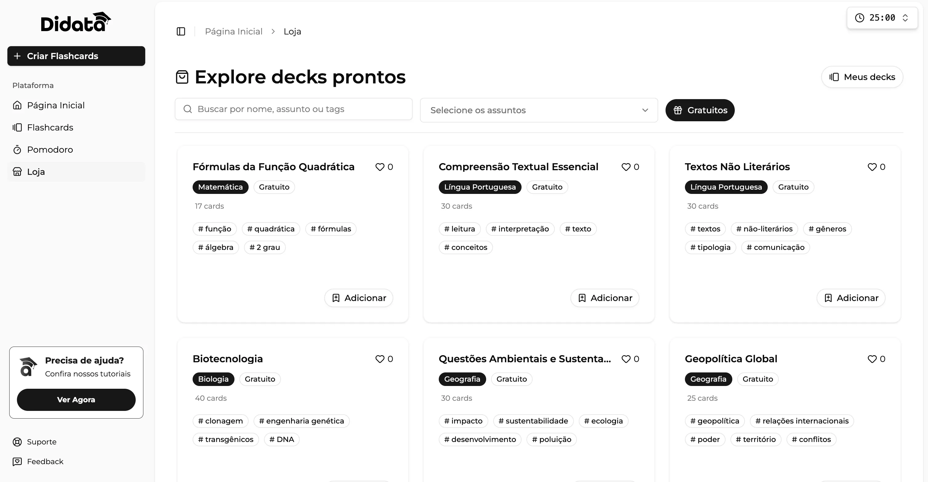 Tela da loja de decks Didata